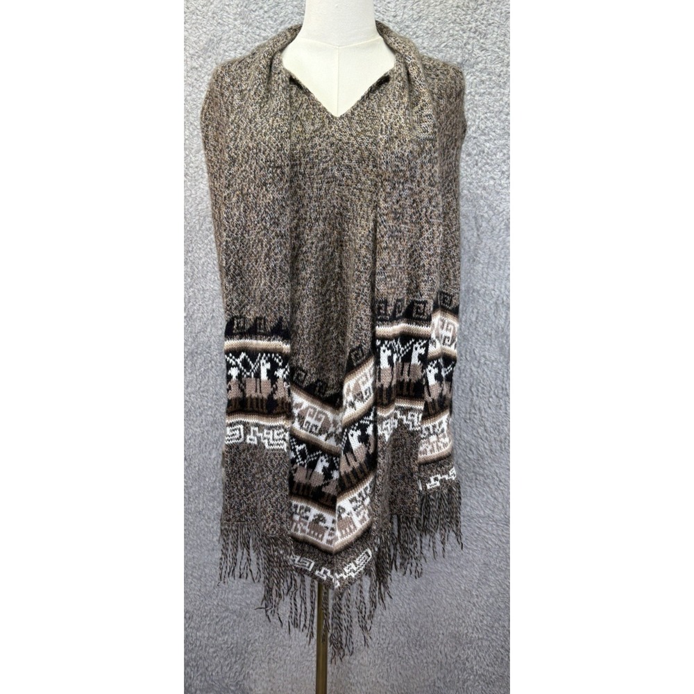 Tejidos Intihuatana Womens OS Alpaca Poncho Brown Aztec Fringe Boho Peru